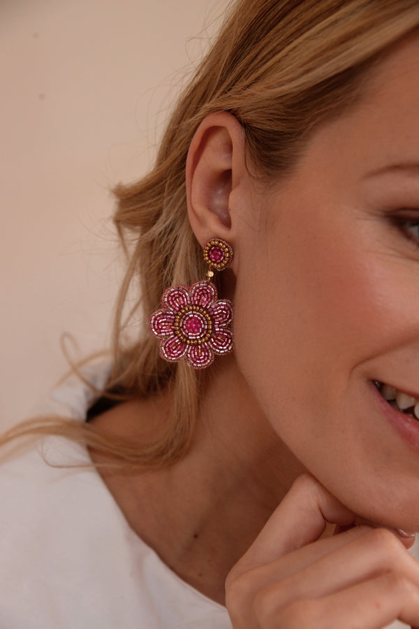 Folk Pink Beaded Floral Earrings