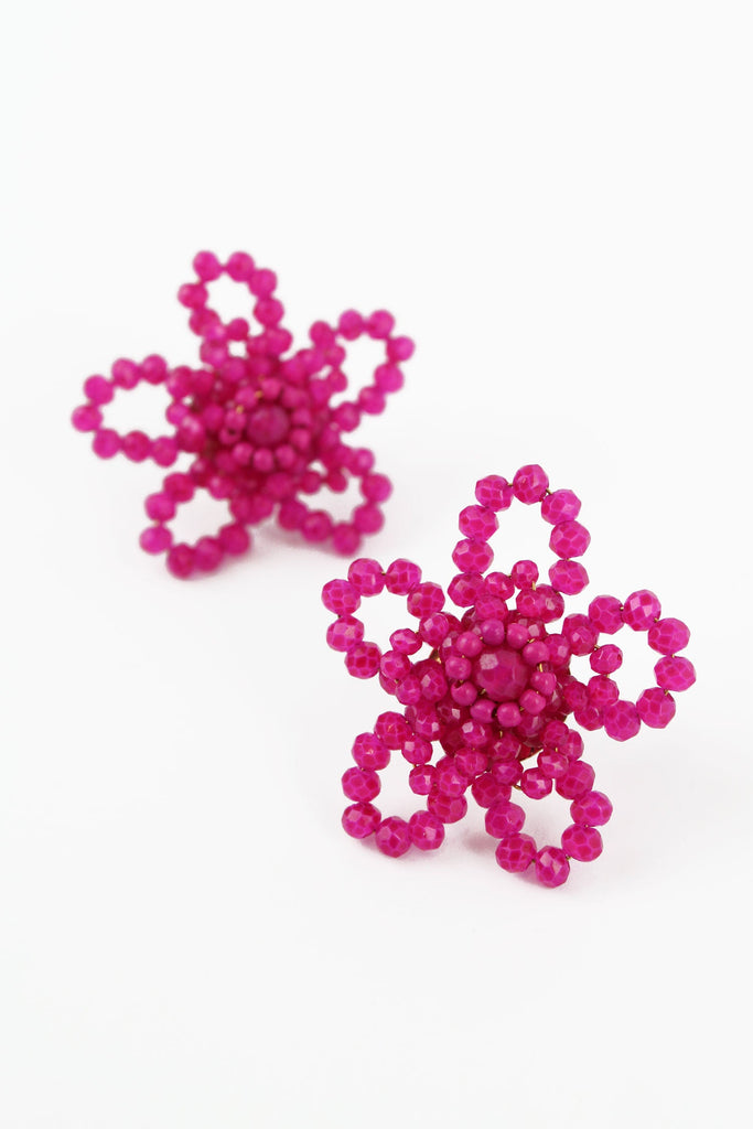 Pink Beaded Large Flower Earrings
