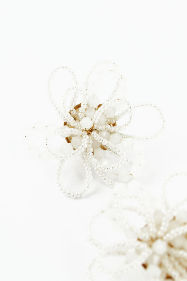 White Beaded Large Flower Earrings