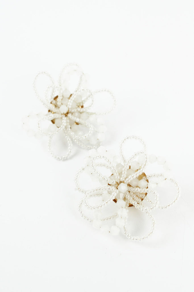 White Beaded Large Flower Earrings