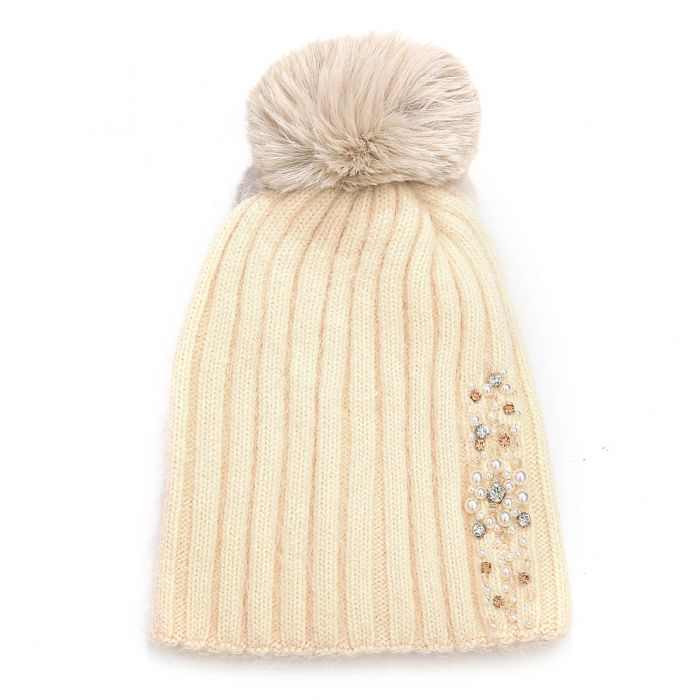 Cream Beaded Pom Pom Hat