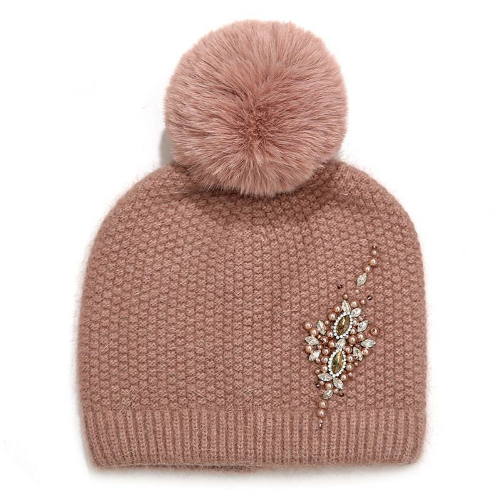 Nude Beaded Pom Pom Hat