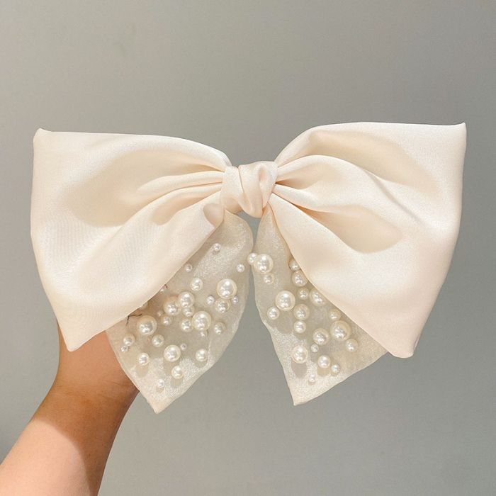 Ivory Satin Pearl Embellished Hair Bow