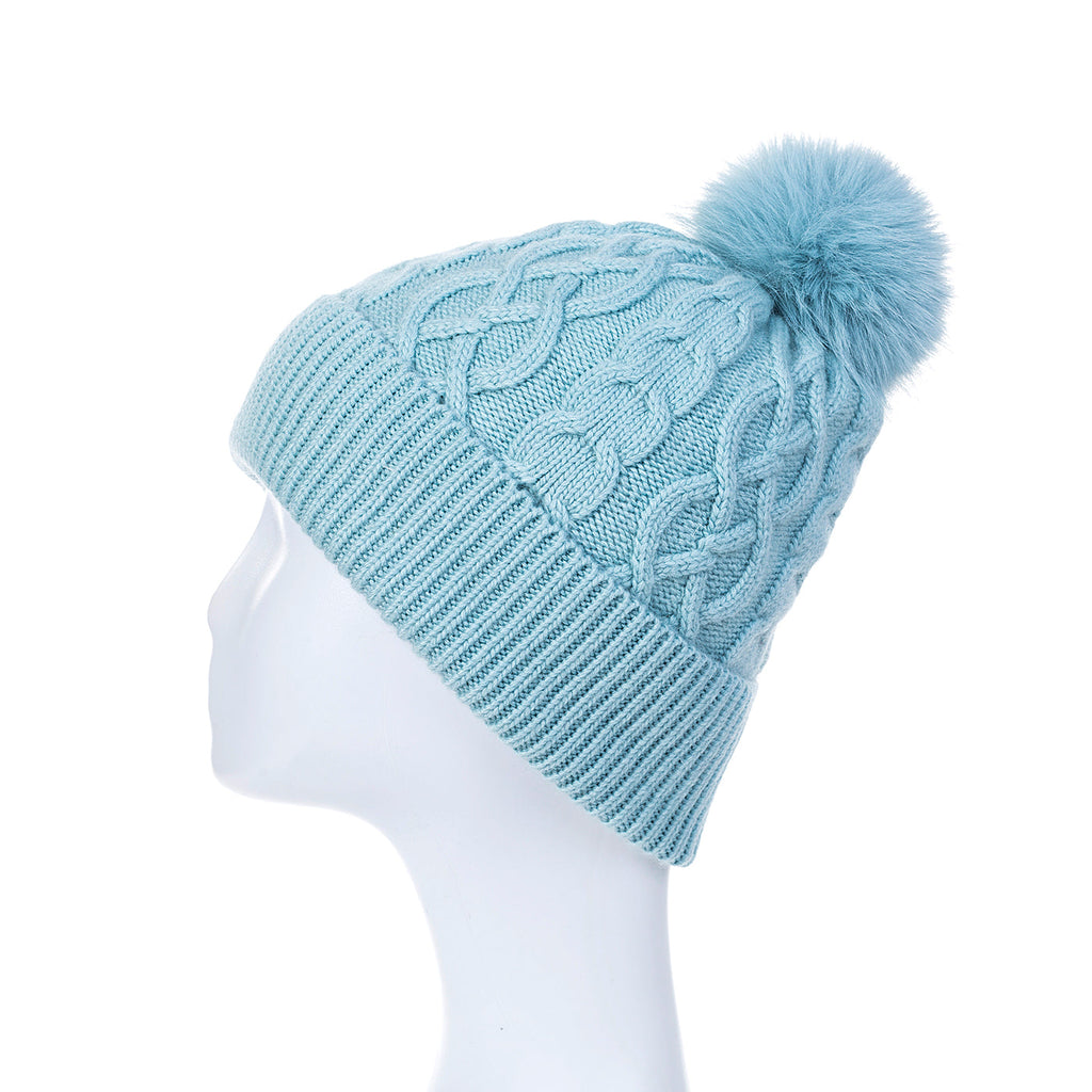 Ice Blue Cable Knit Pom Pom Hat