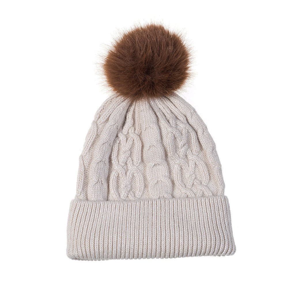 Linen Mocha Cable Knit Pom Pom Hat