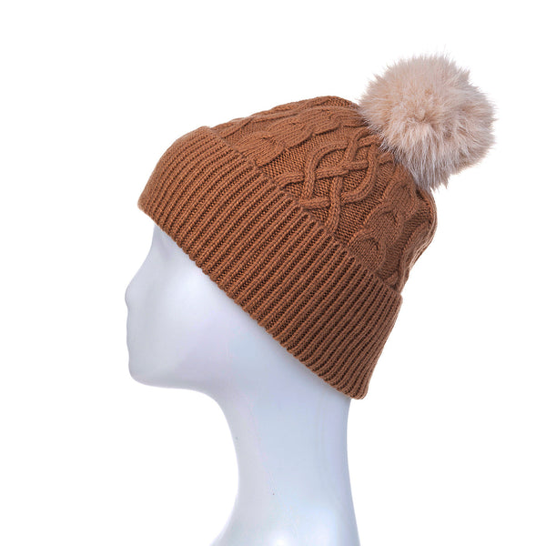Mocha Linen Cable Knit Pom Pom Hat
