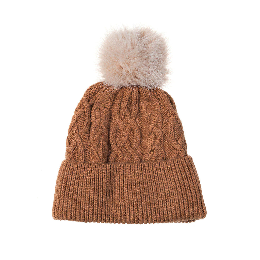Mocha Linen Cable Knit Pom Pom Hat