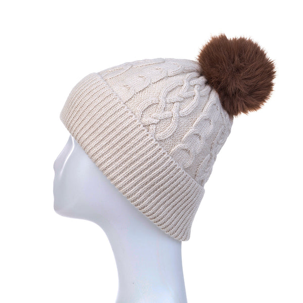 Linen Mocha Cable Knit Pom Pom Hat