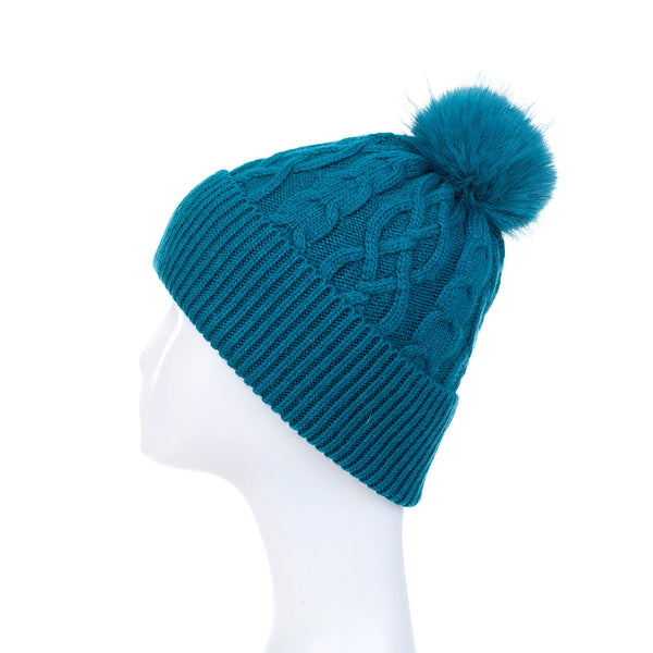 Peacock Cable Knit Pom Pom Hat