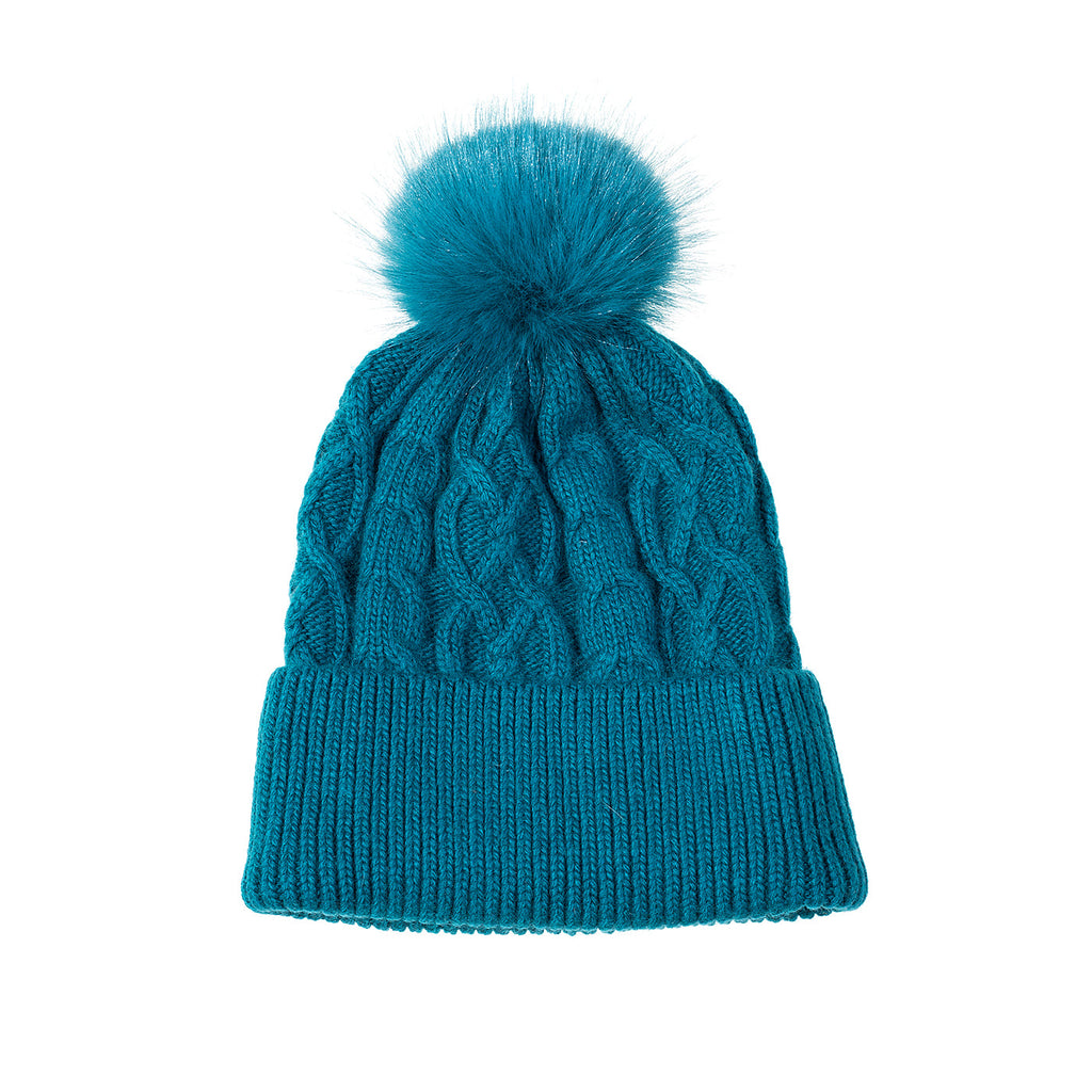 Peacock Cable Knit Pom Pom Hat