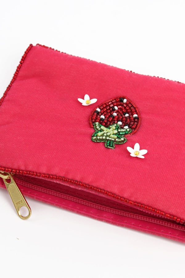 Pink Strawberry Beaded Small Pouch