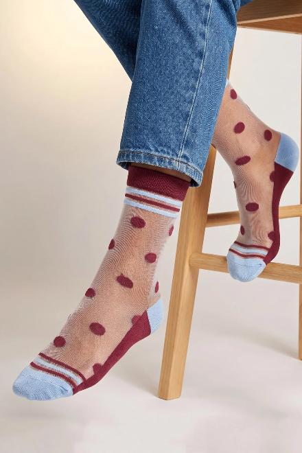 Red & Icy Blue Polka Dot Stripe Sheer Socks