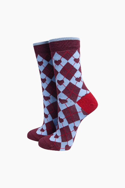 Burgundy & Blue Heart Argyle Bamboo Socks