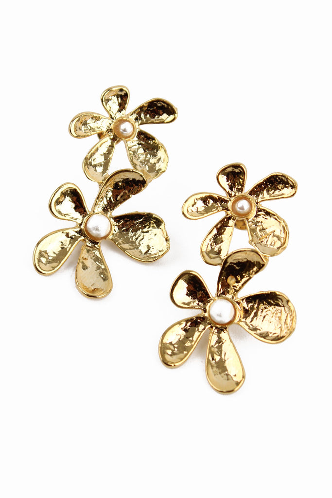 Gold Double Flower Pearl Drop Earrings