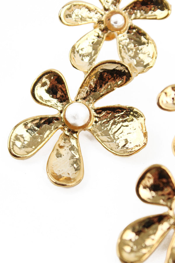Gold Double Flower Pearl Drop Earrings