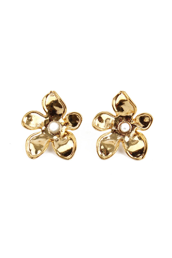 Gold Flower Pearl Stud Earrings