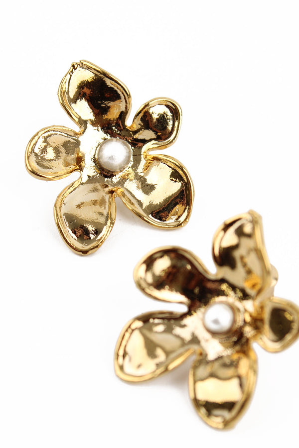 Gold Flower Pearl Stud Earrings