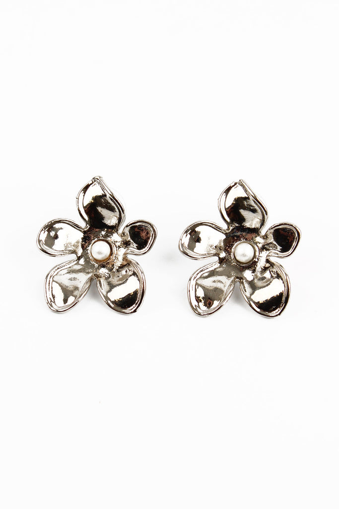 Silver Flower Pearl Stud Earrings