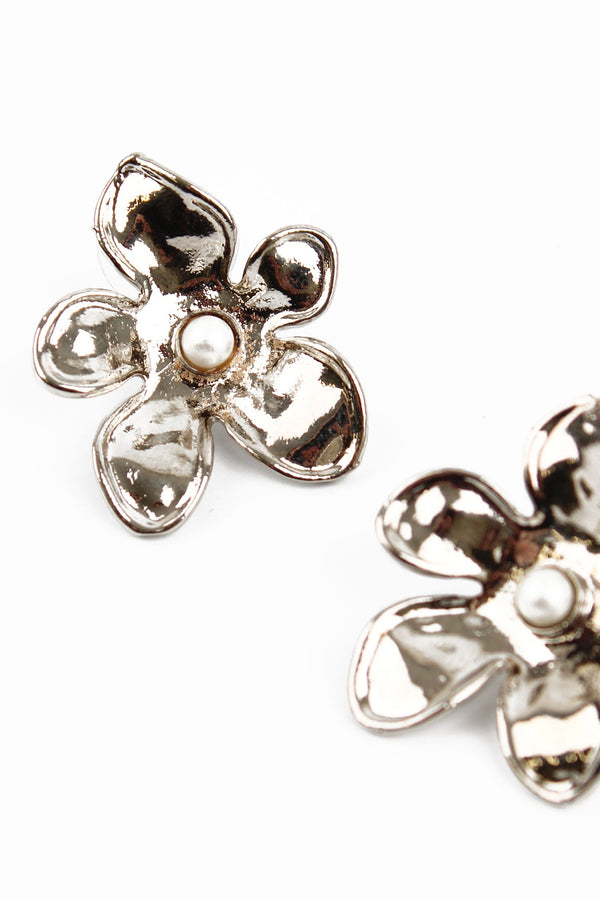 Silver Flower Pearl Stud Earrings