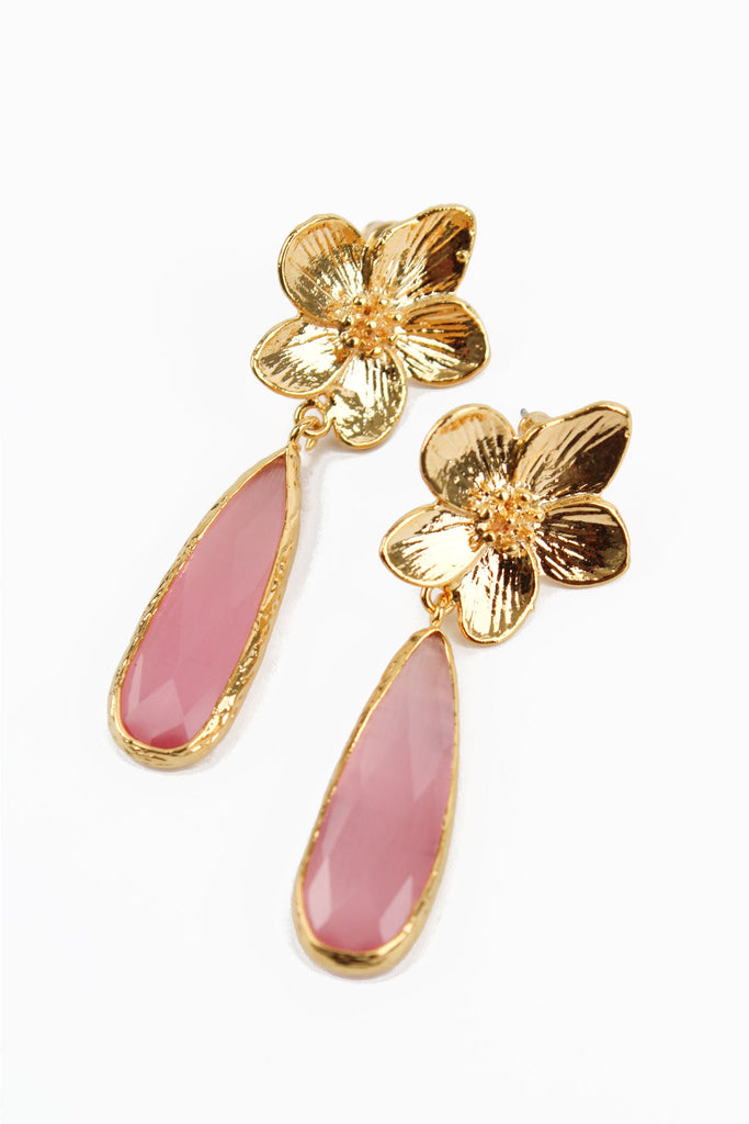 Gold Flower & Pink Glass Tear Drop Earrings