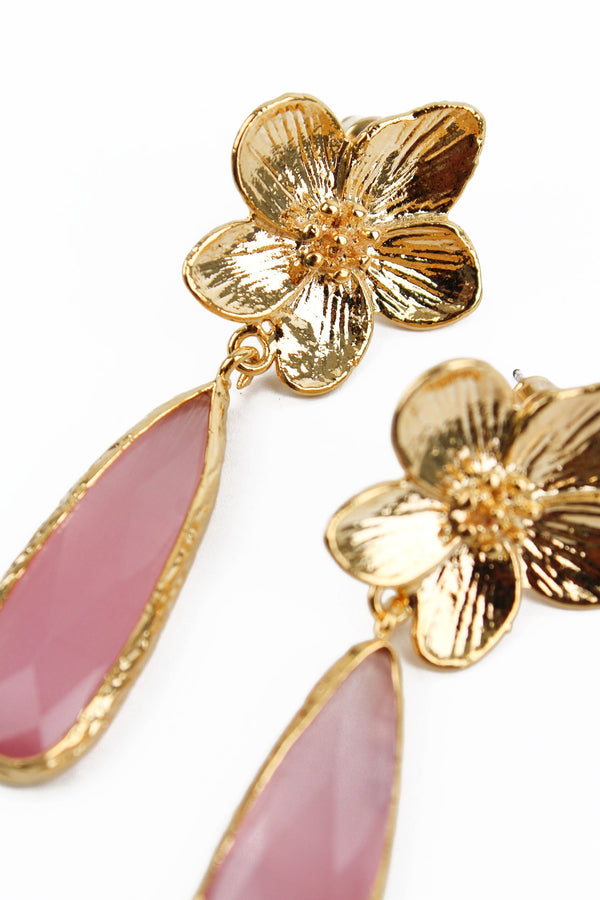 Gold Flower & Pink Glass Tear Drop Earrings