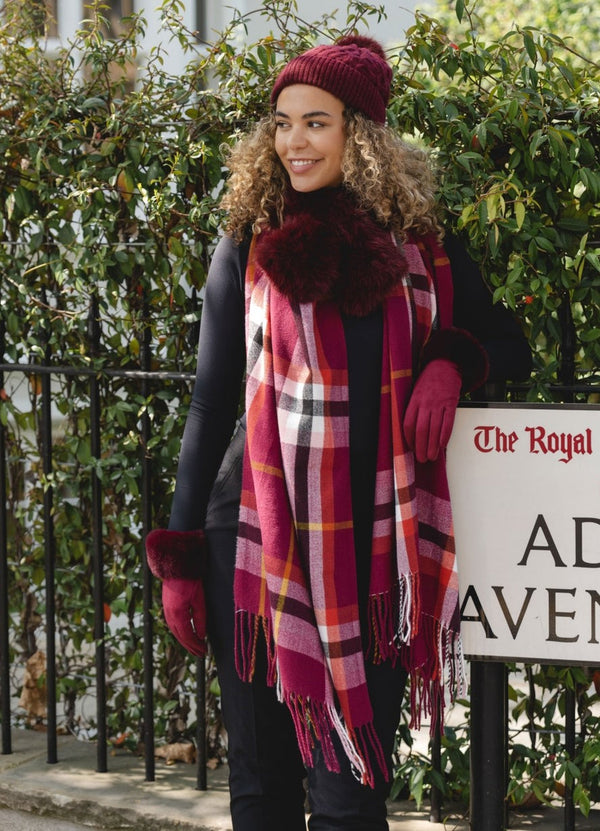 Burgundy Check Print Scarf