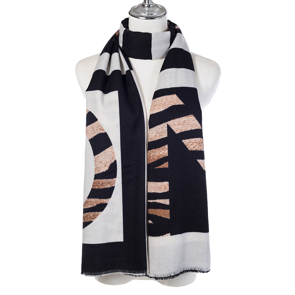 Beige & Black Leopard Trim Scarf