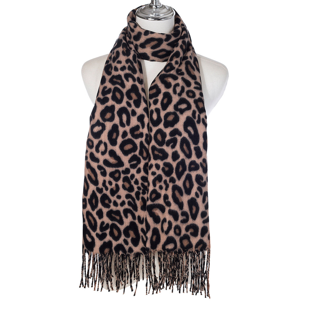 Cocoa Leopard Print Fringed Scarf