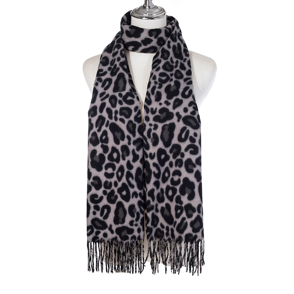 Ebony Leopard Print Fringed Scarf