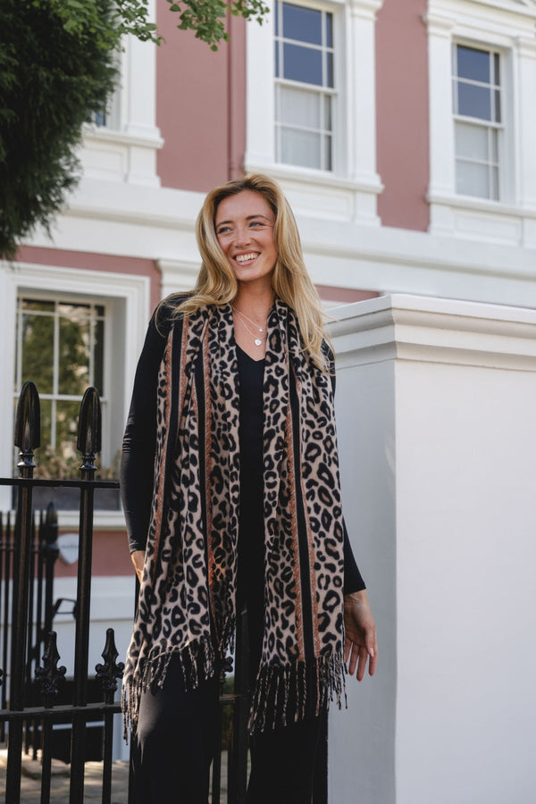 Ebony Leopard Print Fringed Scarf