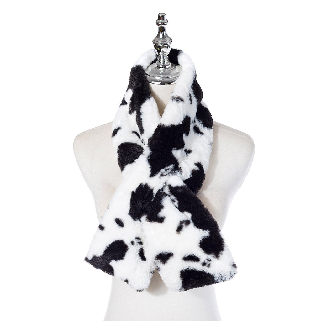White & Black Cow Print Faux Fur Scarf