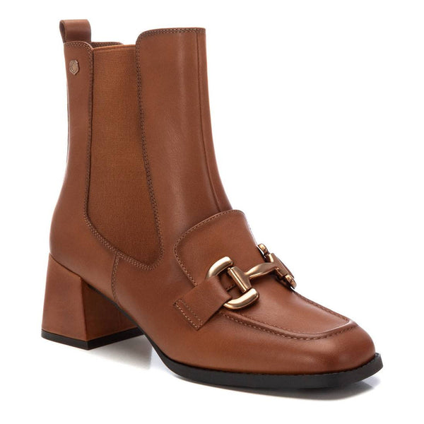 Carmela Leather Camel Block Heel Boots with Gold Chain