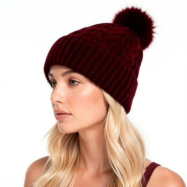 Burgundy Cable Knit Pom Pom Hat