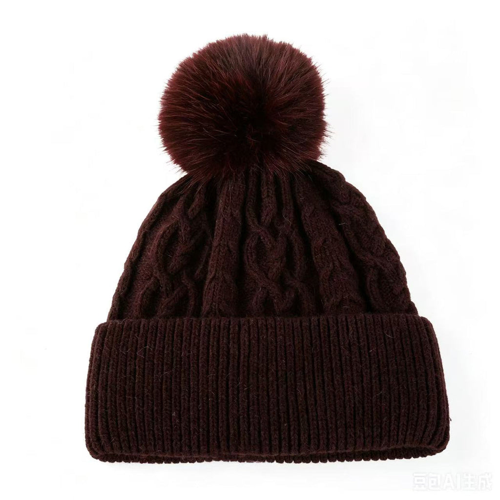 Burgundy Cable Knit Pom Pom Hat