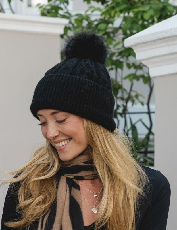 Black Cable Knit Pom Pom Hat