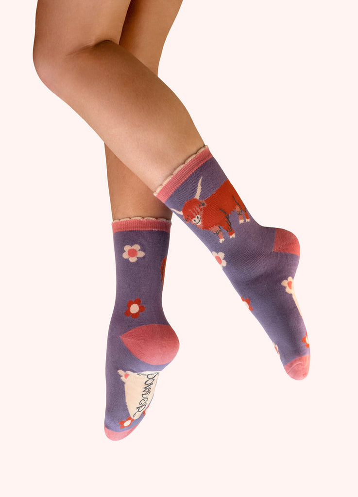 Powder Purple Highland Cow Ankle Socks