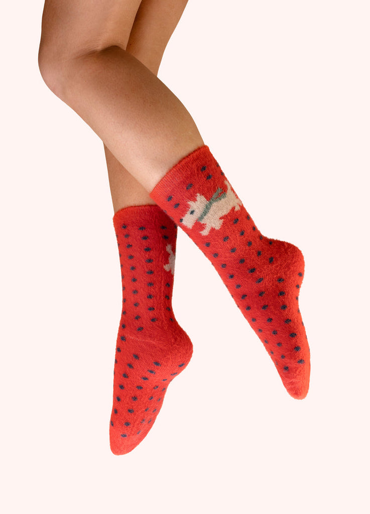 Powder Coral Woolly Westie Fuzzy Socks