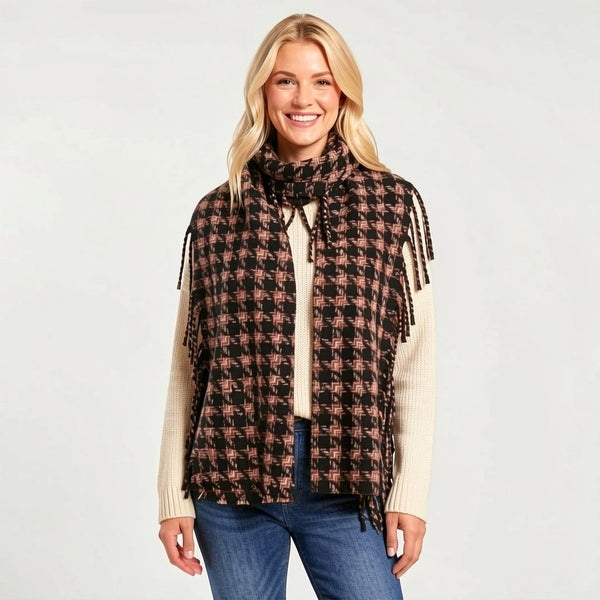 Chocolate Check Fringe Trim Scarf