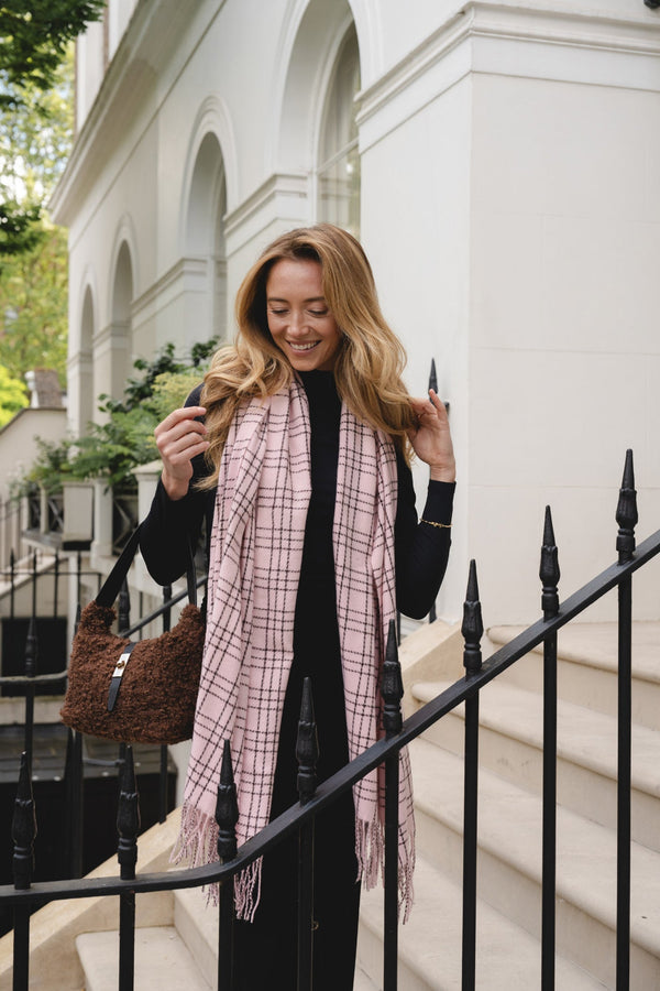 Pink & Brown Check Fringe Trim Scarf