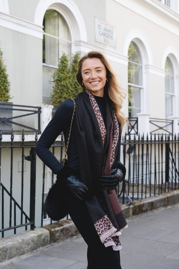 Black & Brown Leopard Print Trim Scarf