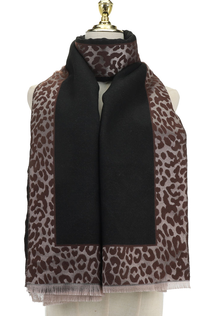Black & Brown Leopard Print Trim Scarf