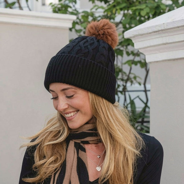 Black & Spice Cable Knit Pom Pom Hat