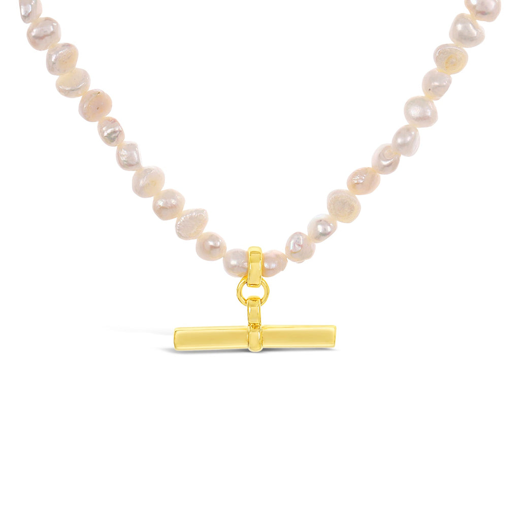 Freshwater Pearl & Gold T Bar Necklace