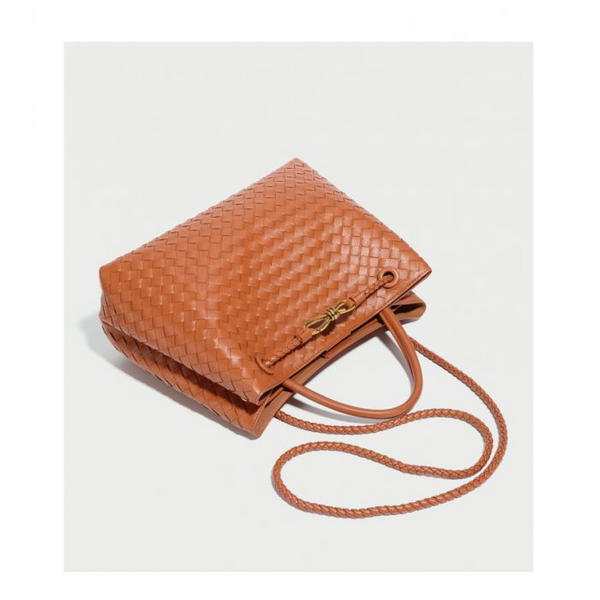 Brown Woven Tote Handbag With Gold Clasp