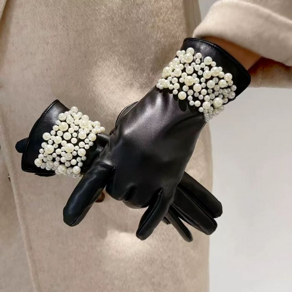 Black Leather Pearl Embellished Gloves