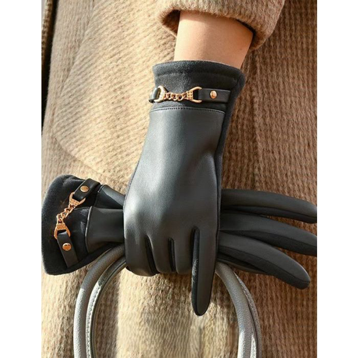 Grey Leather Gold Chain Gloves