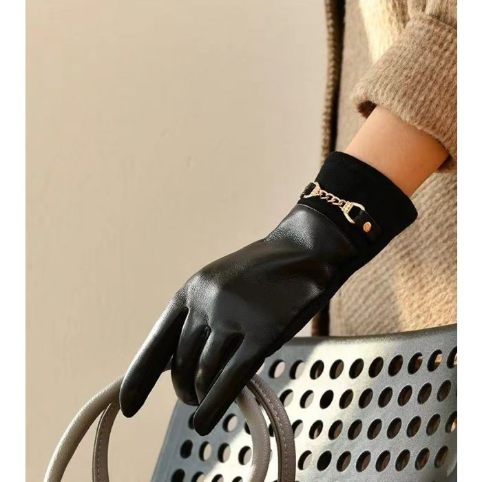 Black Leather Gold Chain Gloves