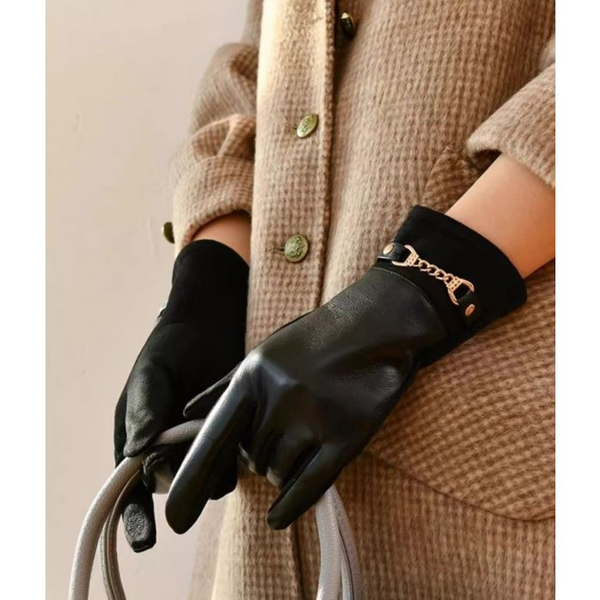 Black Leather Gold Chain Gloves