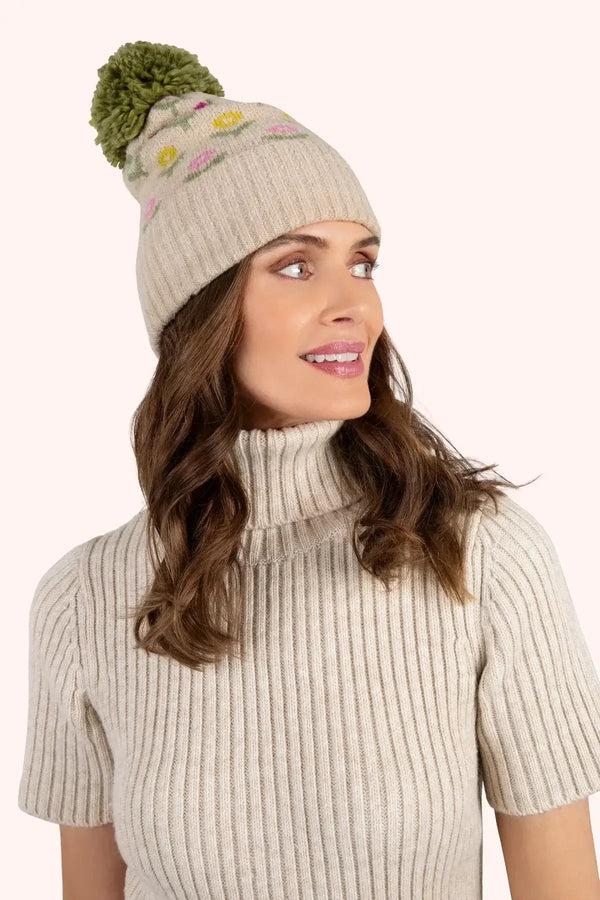 Powder Willow Beige Ditsy Floral Bobble Hat