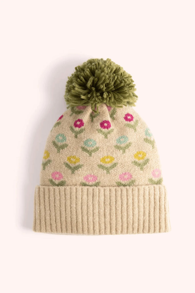 Powder Willow Beige Ditsy Floral Bobble Hat